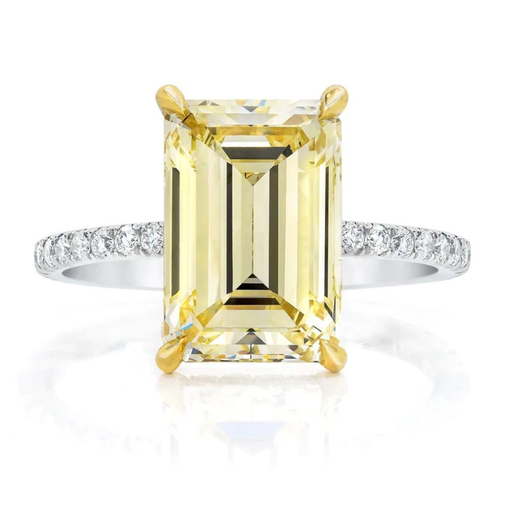 Yellow Emerald Cut Micro Pave 14K (or 18k upon request) Gold Engagement Ring